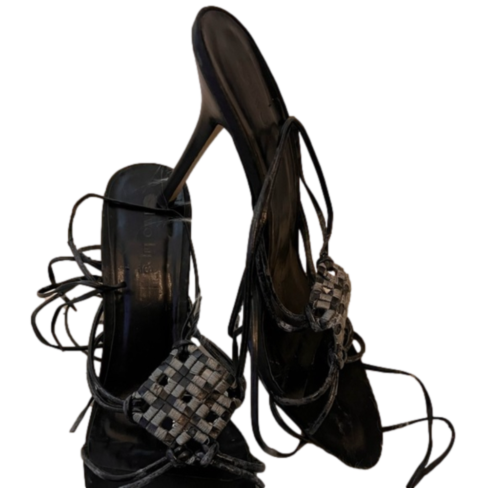 Two Lips Stilettos Woven Black Silver Diamond Ankle Tie Great Condition Size 10
